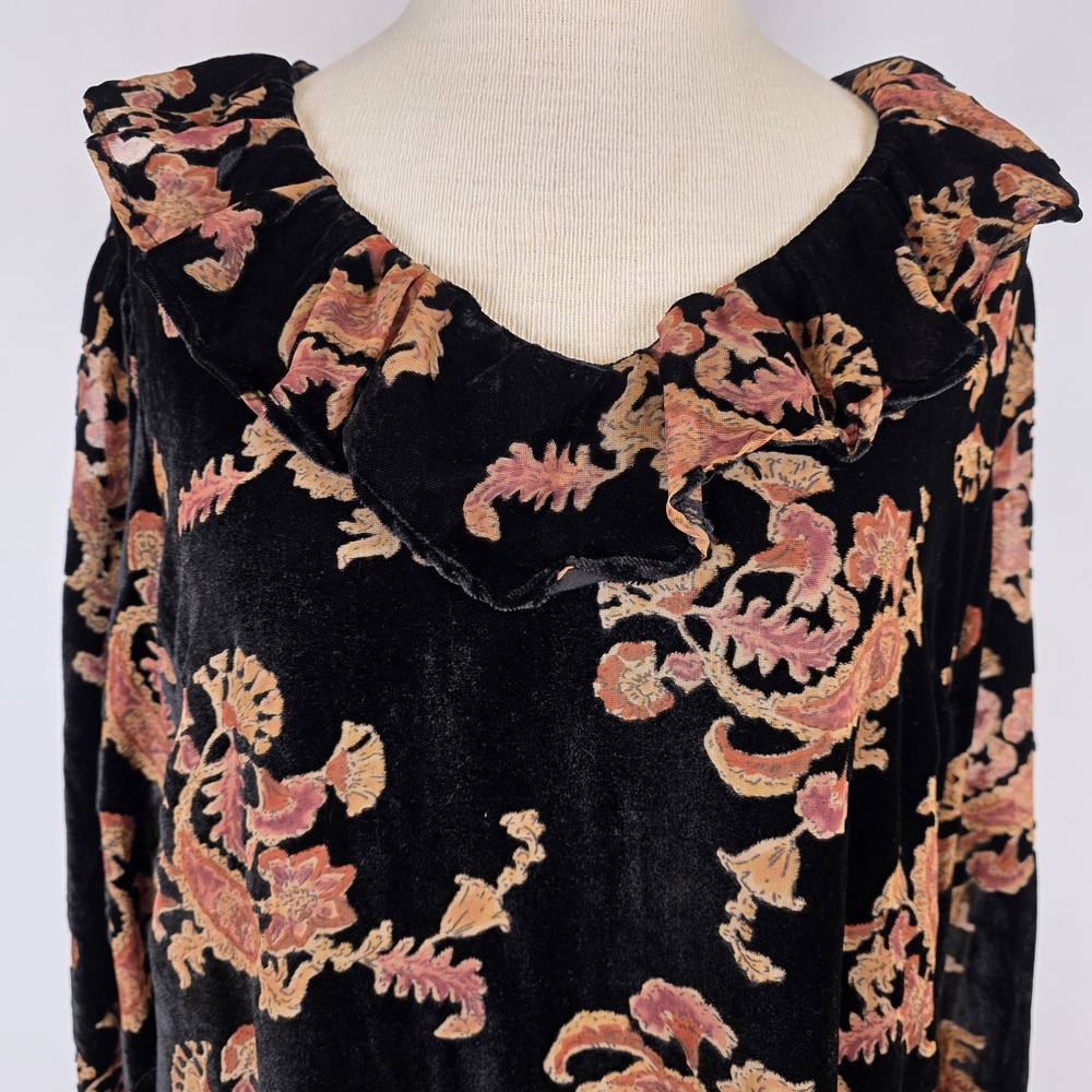 Downeast Dress L Black Paisley Floral Holly Velvet Burnout Ruffle Neckline NWT - Picture 2 of 8